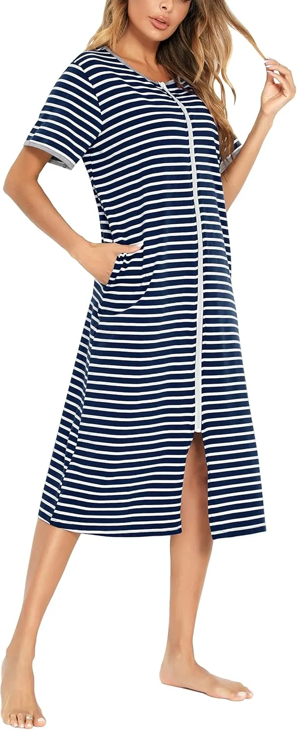 Women Short Sleeve Zip Front Nightgowns Full Length Cotton Robes Loose Housecoat Loungewear with Pockets S-XXL