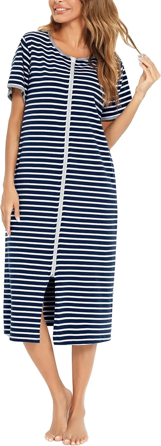 Women Short Sleeve Zip Front Nightgowns Full Length Cotton Robes Loose Housecoat Loungewear with Pockets S-XXL