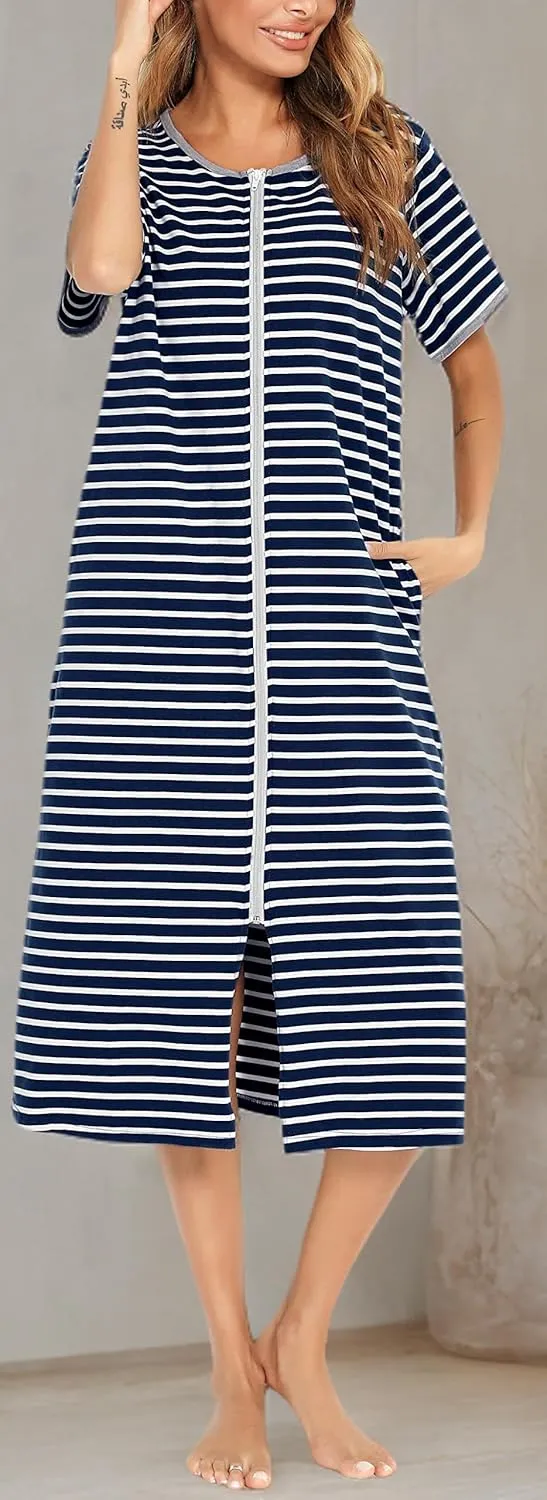 Women Short Sleeve Zip Front Nightgowns Full Length Cotton Robes Loose Housecoat Loungewear with Pockets S-XXL