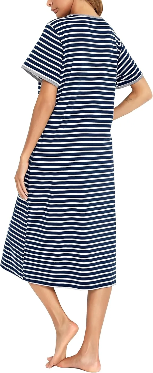 Women Short Sleeve Zip Front Nightgowns Full Length Cotton Robes Loose Housecoat Loungewear with Pockets S-XXL