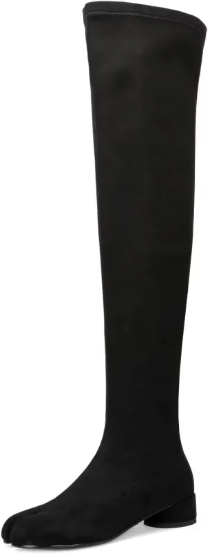 Women Split Toe Knee High Boots Chunky Heels Ladies Sexy Slip On Thigh High Boots Stretch Faux Suede Boots
