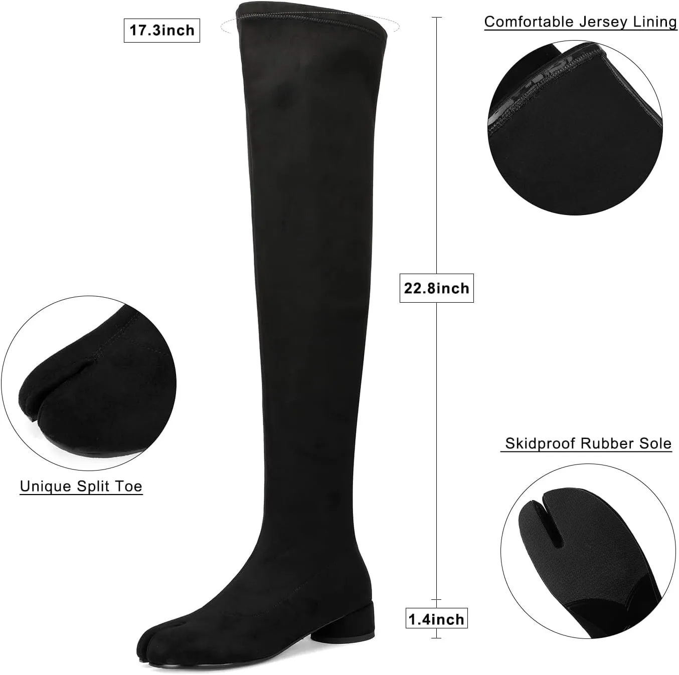 Women Split Toe Knee High Boots Chunky Heels Ladies Sexy Slip On Thigh High Boots Stretch Faux Suede Boots