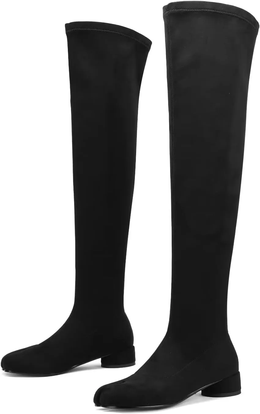 Women Split Toe Knee High Boots Chunky Heels Ladies Sexy Slip On Thigh High Boots Stretch Faux Suede Boots