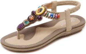 Women T-Strap Beaded Flower Gladiator Flat Dress Sandals Beach Shoes Bohemian Thong Sandal Elastic Back Strap Clip Toe Flats Sandals Summer Bohemian Rhinestone Slingback Beach Flip Flops Shoes
