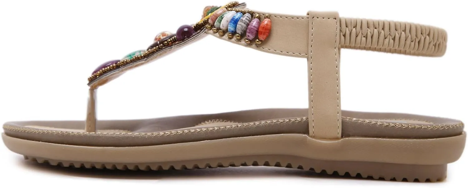 Women T-Strap Beaded Flower Gladiator Flat Dress Sandals Beach Shoes Bohemian Thong Sandal Elastic Back Strap Clip Toe Flats Sandals Summer Bohemian Rhinestone Slingback Beach Flip Flops Shoes
