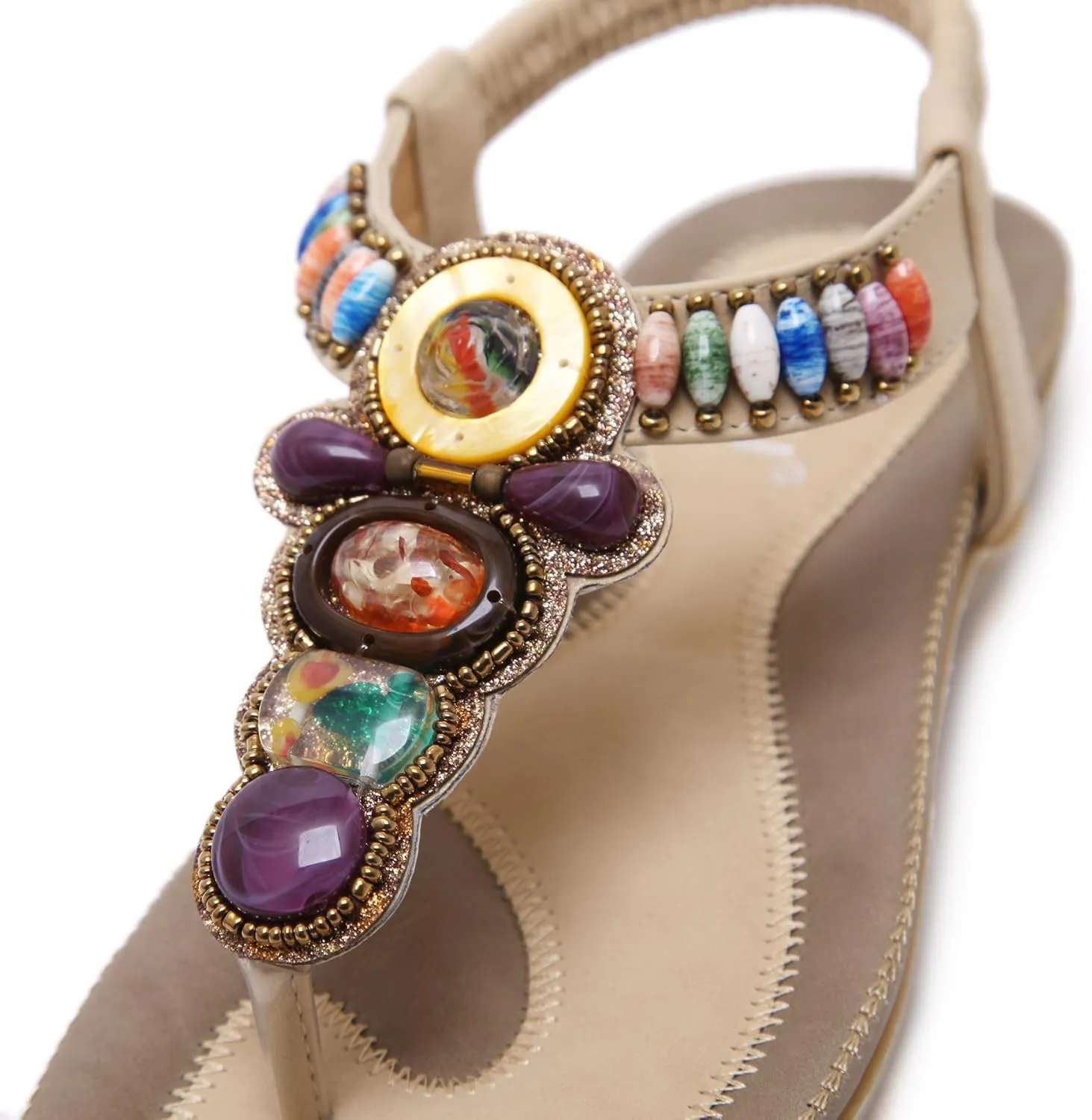 Women T-Strap Beaded Flower Gladiator Flat Dress Sandals Beach Shoes Bohemian Thong Sandal Elastic Back Strap Clip Toe Flats Sandals Summer Bohemian Rhinestone Slingback Beach Flip Flops Shoes