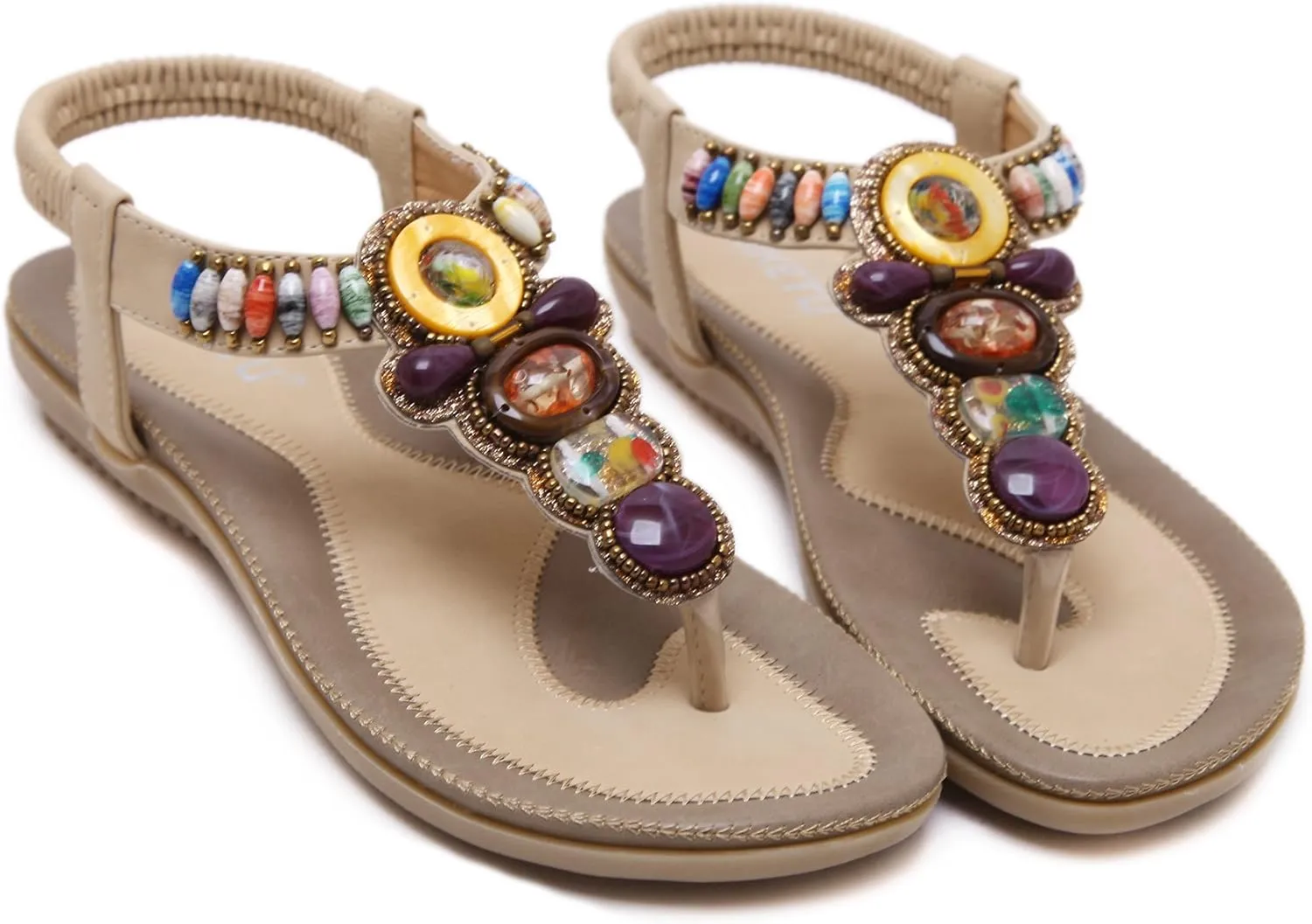 Women T-Strap Beaded Flower Gladiator Flat Dress Sandals Beach Shoes Bohemian Thong Sandal Elastic Back Strap Clip Toe Flats Sandals Summer Bohemian Rhinestone Slingback Beach Flip Flops Shoes