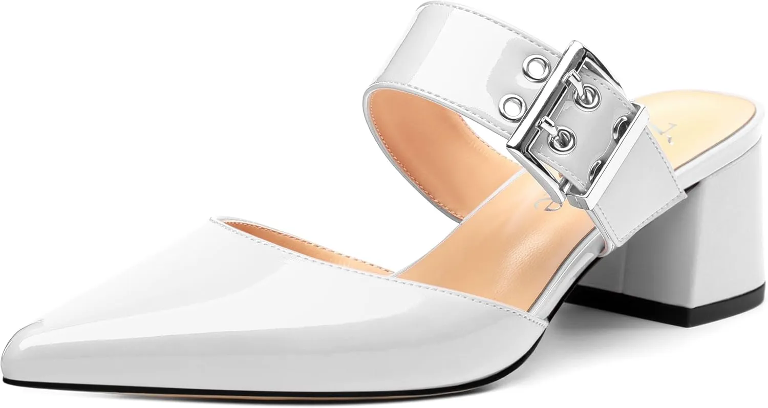 Women's Adjustable Strap Buckle Patent Solid Pointed Toe Chunky Low Heel Mules Casual Dress Pumps Slide Sandals 2 Inch