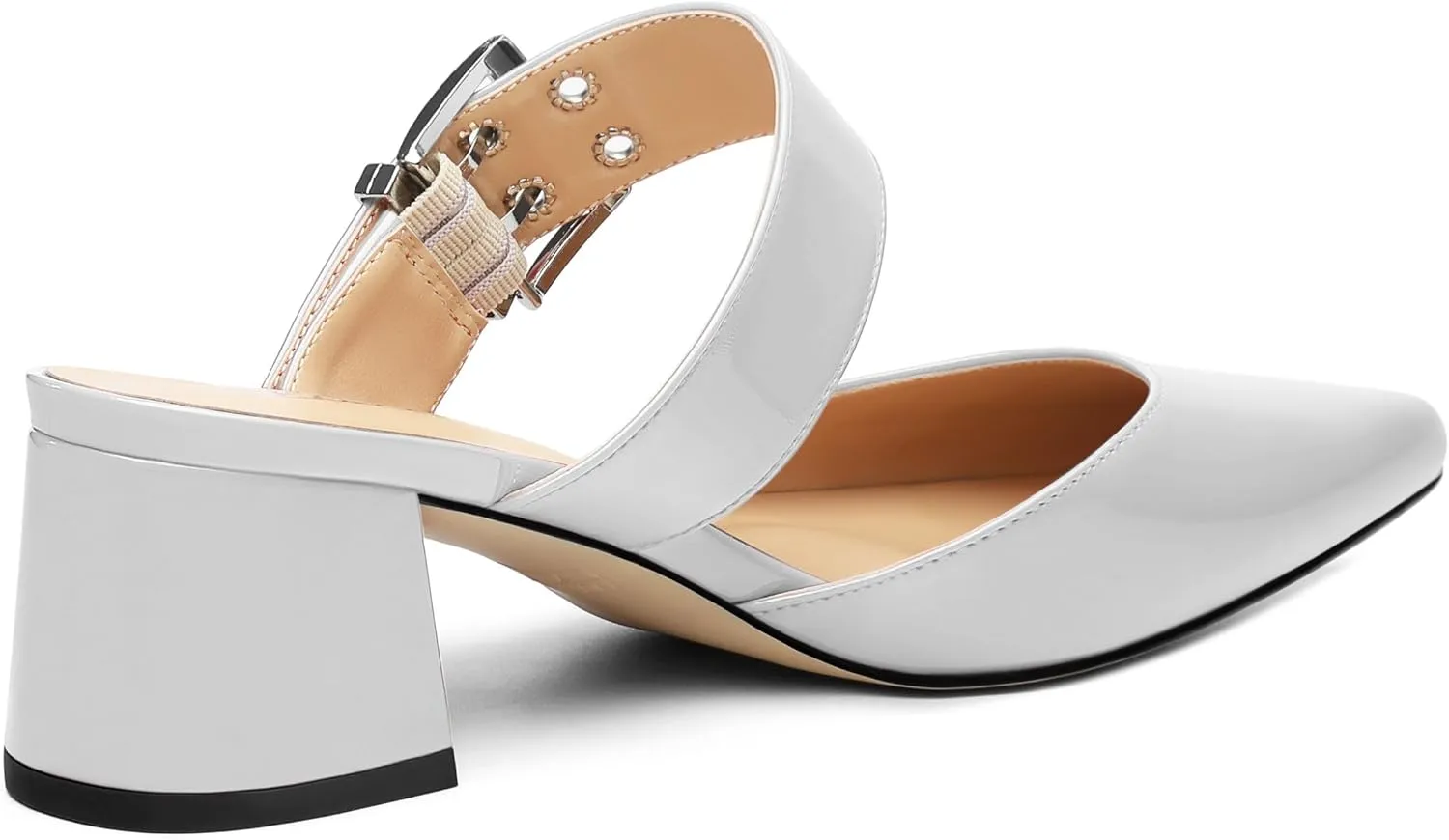 Women's Adjustable Strap Buckle Patent Solid Pointed Toe Chunky Low Heel Mules Casual Dress Pumps Slide Sandals 2 Inch