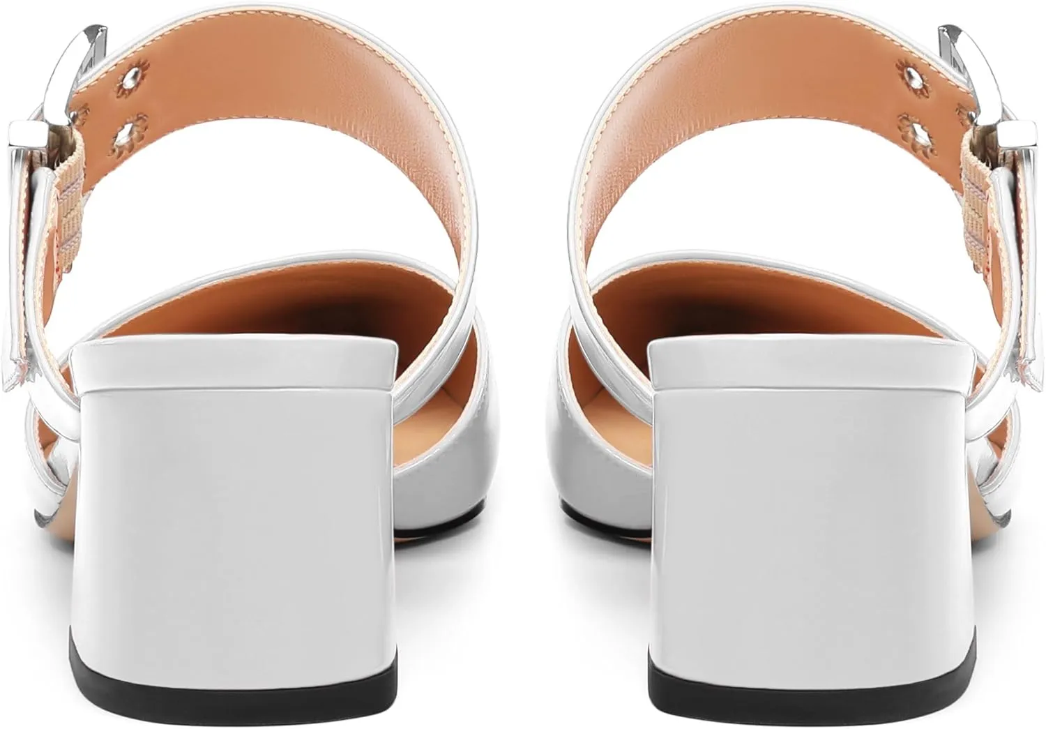 Women's Adjustable Strap Buckle Patent Solid Pointed Toe Chunky Low Heel Mules Casual Dress Pumps Slide Sandals 2 Inch