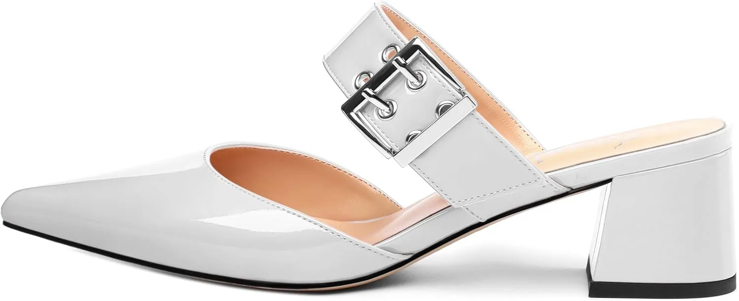 Women's Adjustable Strap Buckle Patent Solid Pointed Toe Chunky Low Heel Mules Casual Dress Pumps Slide Sandals 2 Inch