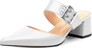 Women's Adjustable Strap Buckle Patent Solid Pointed Toe Chunky Low Heel Mules Casual Dress Pumps Slide Sandals 2 Inch