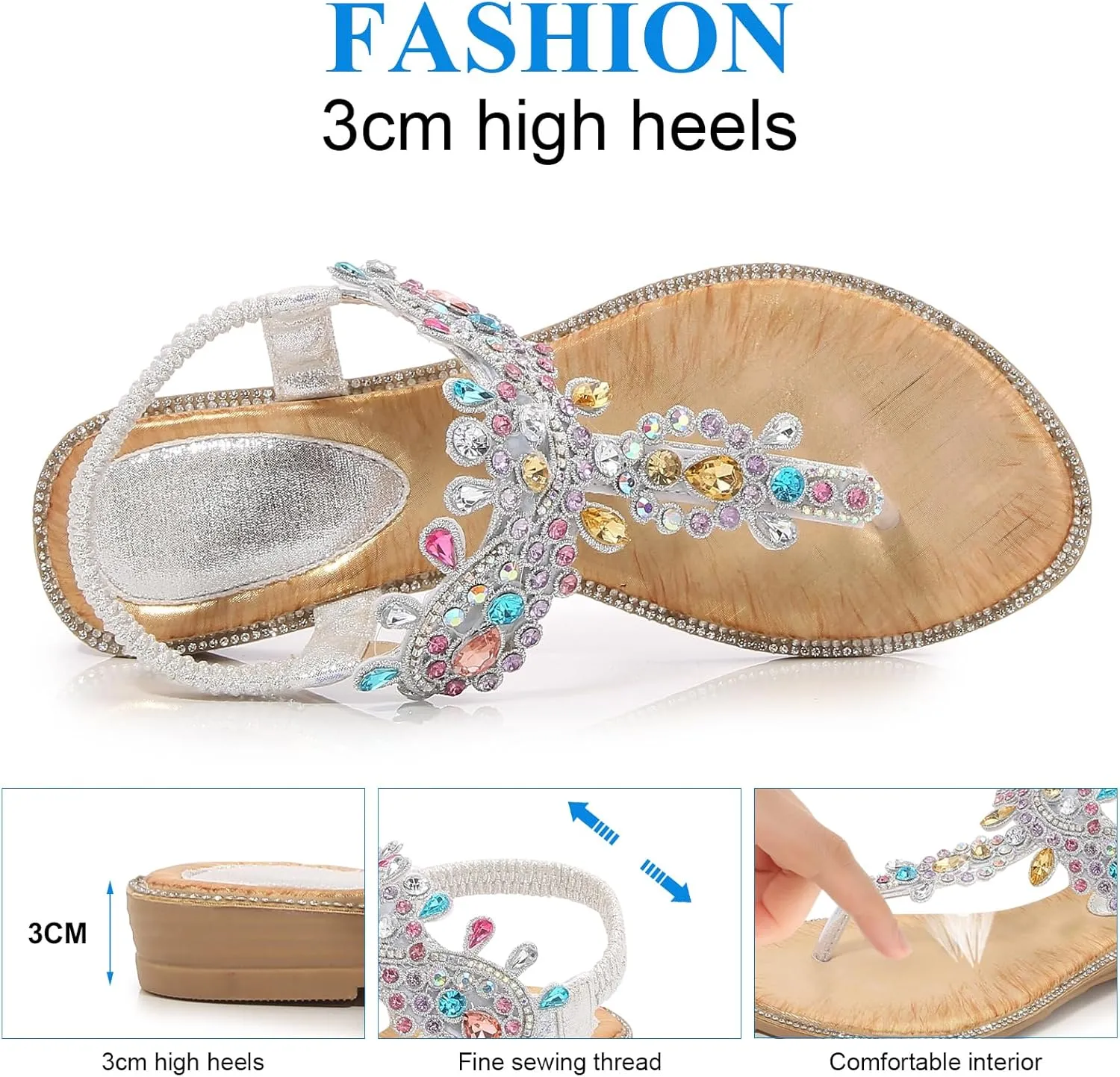 Women's Beaded Rhinestones Sandals T-Strap Bohemian Sandals Breathable Dressy Summer Shoes Outdoor