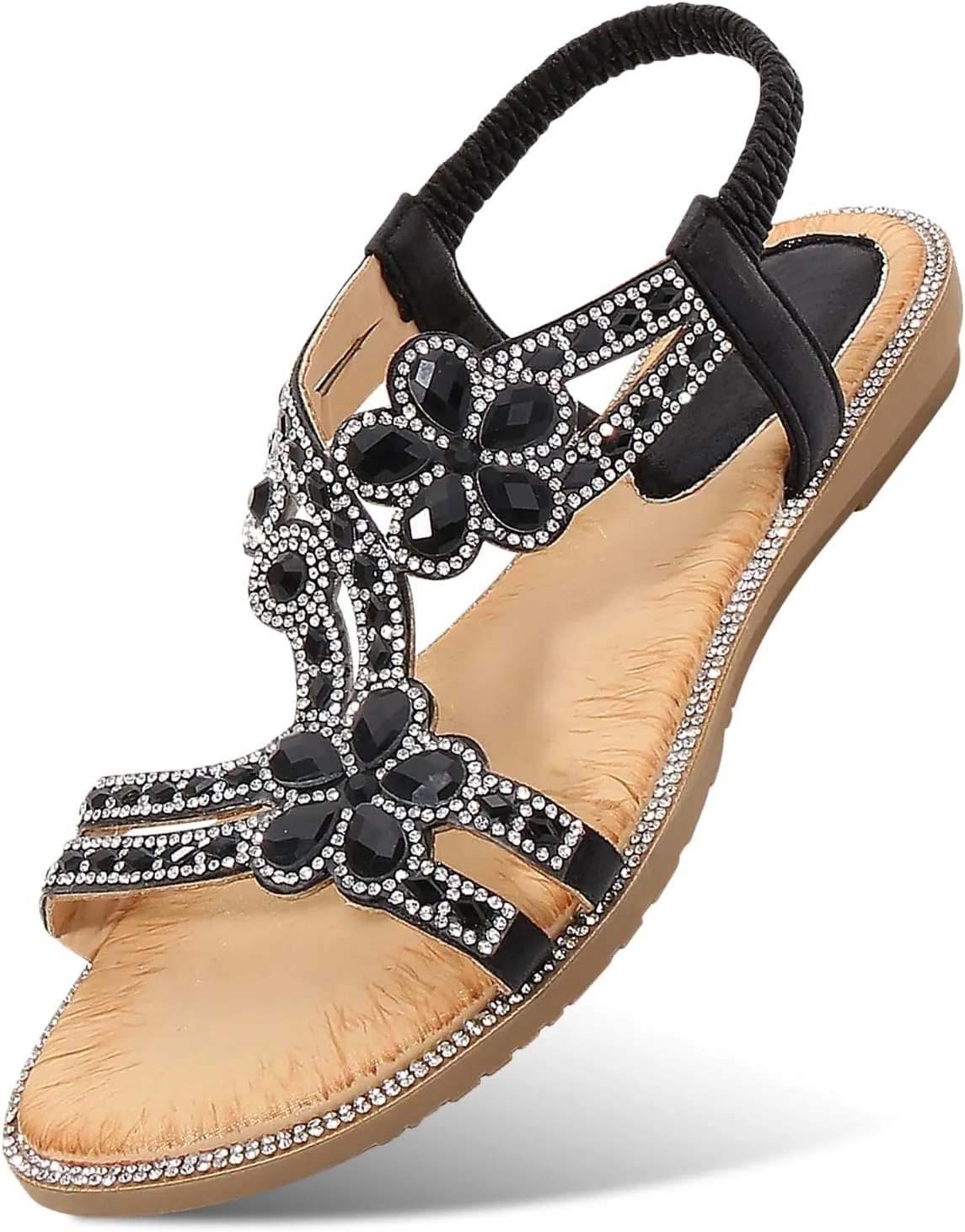 Women's Beaded Rhinestones Sandals T-Strap Bohemian Sandals Breathable Dressy Summer Shoes Outdoor