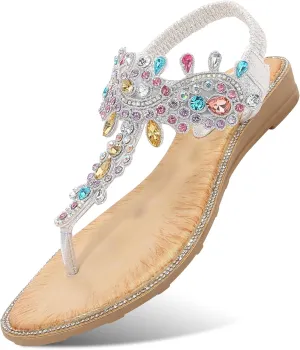 Women's Beaded Rhinestones Sandals T-Strap Bohemian Sandals Breathable Dressy Summer Shoes Outdoor