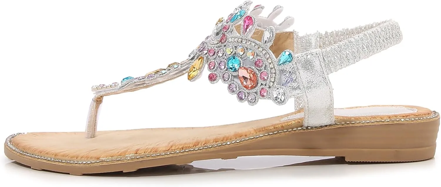 Women's Beaded Rhinestones Sandals T-Strap Bohemian Sandals Breathable Dressy Summer Shoes Outdoor