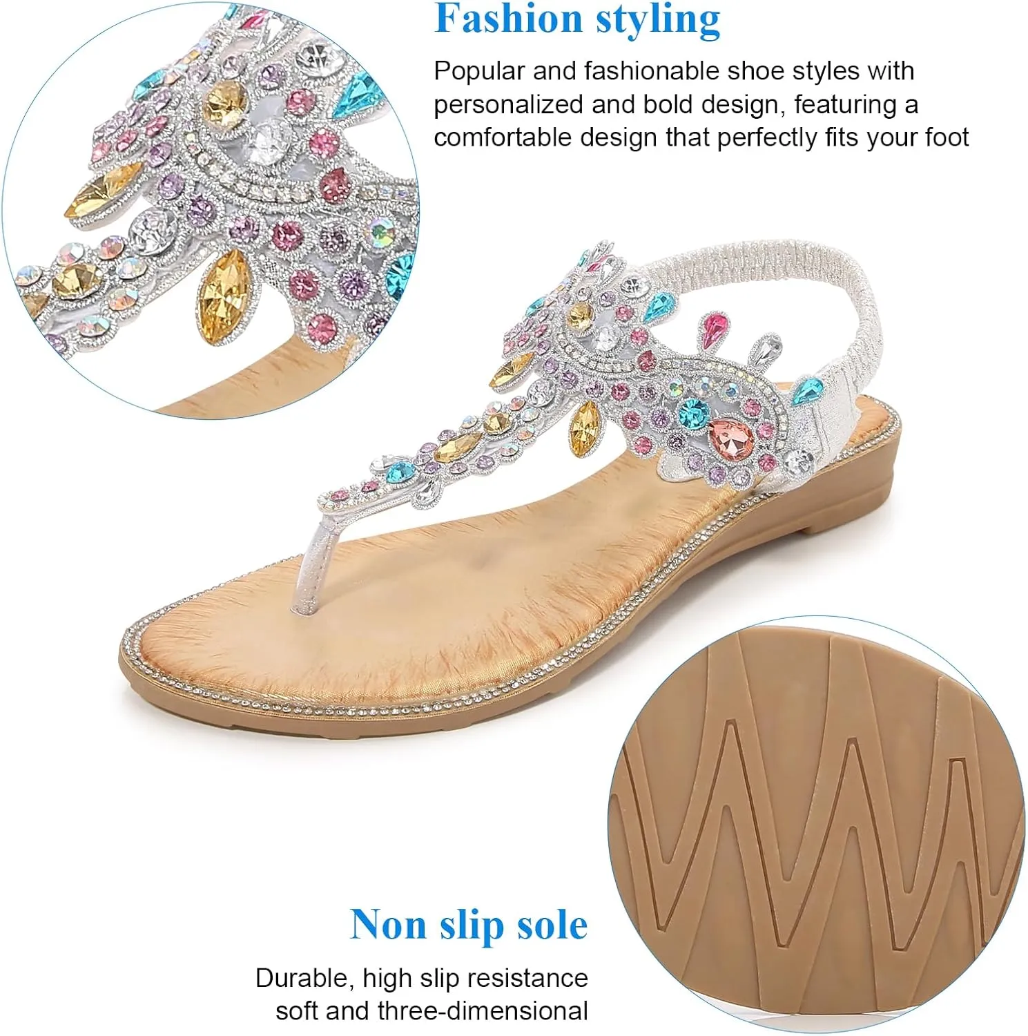Women's Beaded Rhinestones Sandals T-Strap Bohemian Sandals Breathable Dressy Summer Shoes Outdoor