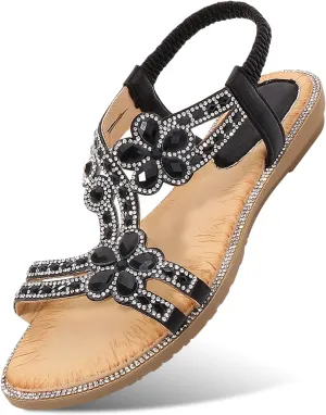 Women's Beaded Rhinestones Sandals T-Strap Bohemian Sandals Breathable Dressy Summer Shoes Outdoor