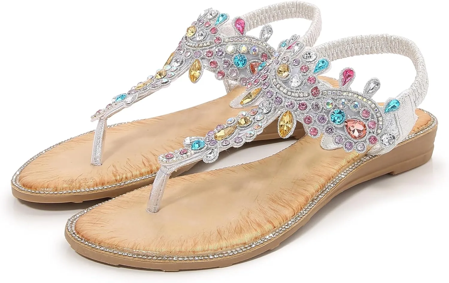 Women's Beaded Rhinestones Sandals T-Strap Bohemian Sandals Breathable Dressy Summer Shoes Outdoor