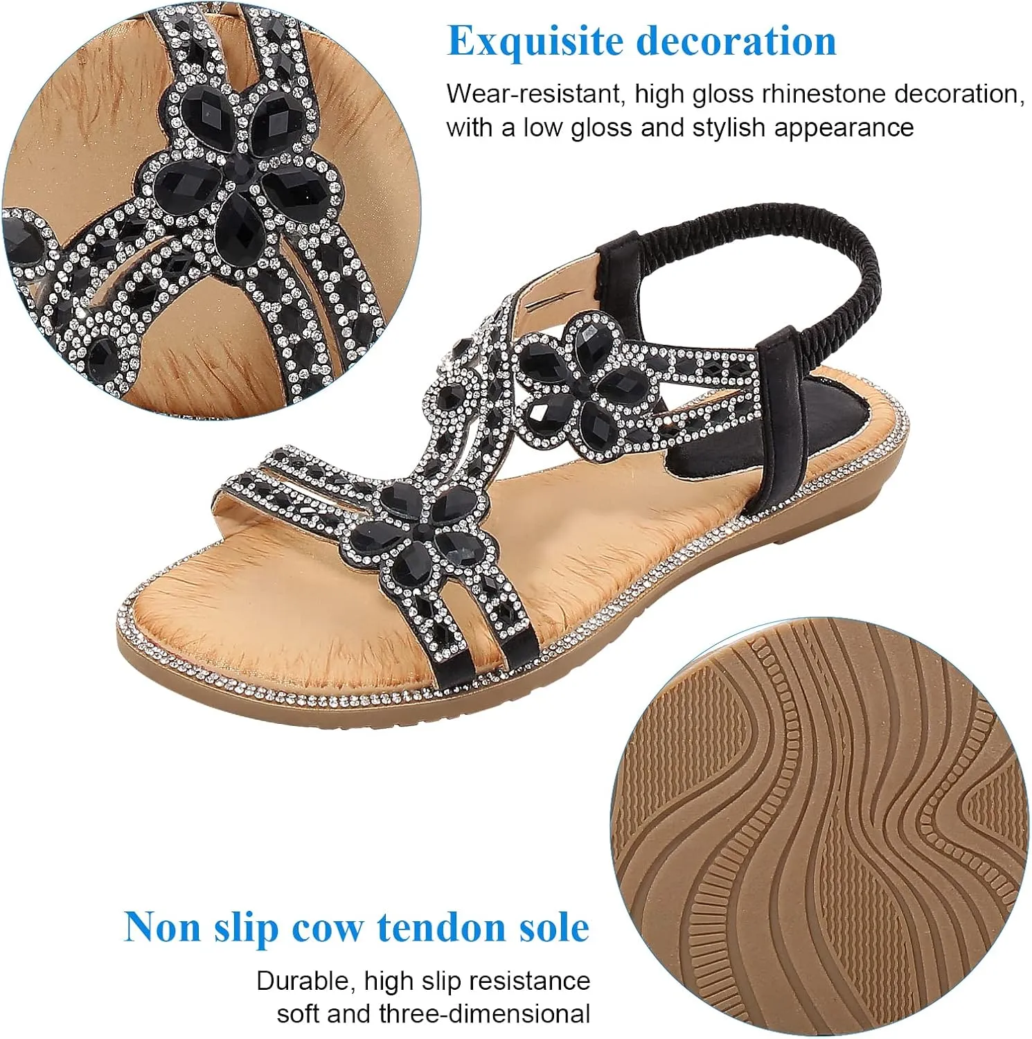 Women's Beaded Rhinestones Sandals T-Strap Bohemian Sandals Breathable Dressy Summer Shoes Outdoor
