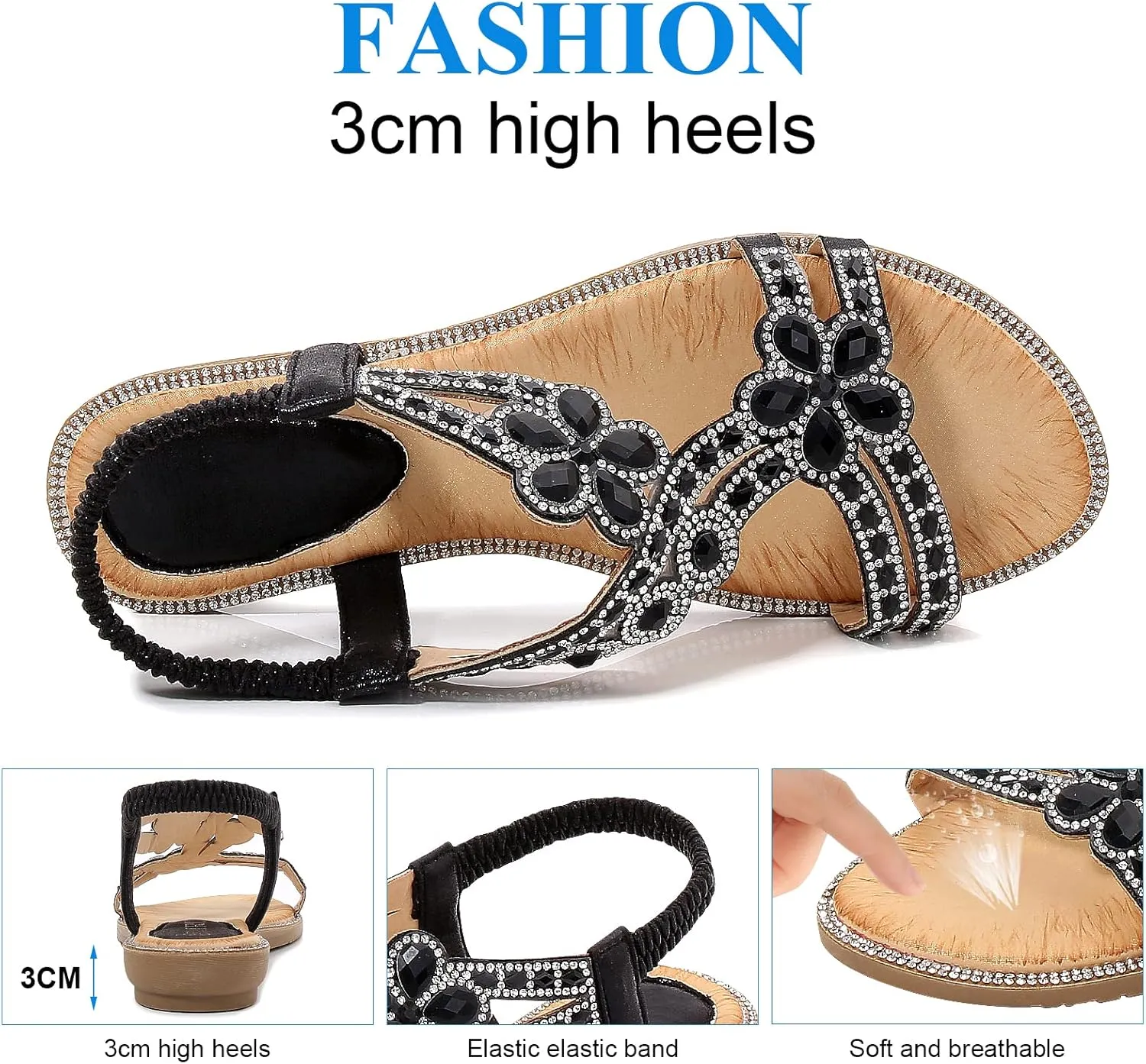 Women's Beaded Rhinestones Sandals T-Strap Bohemian Sandals Breathable Dressy Summer Shoes Outdoor