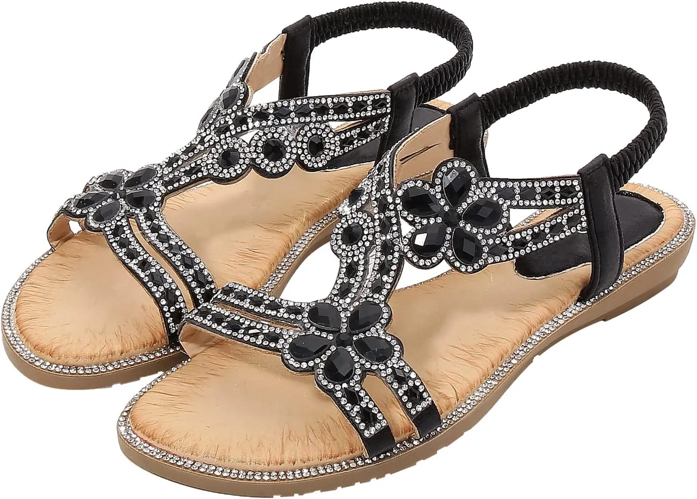 Women's Beaded Rhinestones Sandals T-Strap Bohemian Sandals Breathable Dressy Summer Shoes Outdoor