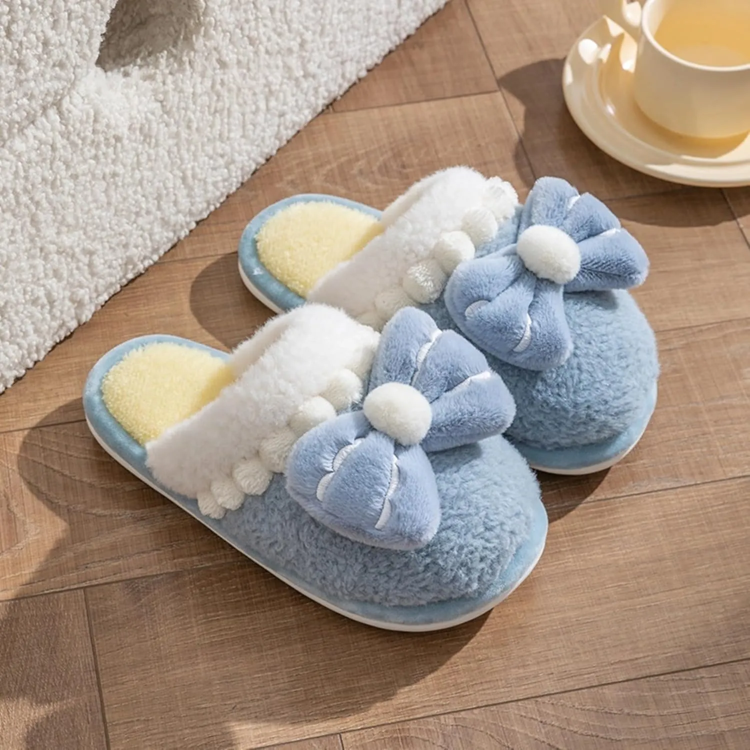 Women's Bow House Slippers Soft Fleece Plush Comfy Cotton Home Slippers with Bows Indoor Cute Bow Tie Slippers Cozy Slip On Slides Winter Warm Fuzzy Bedroom Slippers Shoes Non-Slip