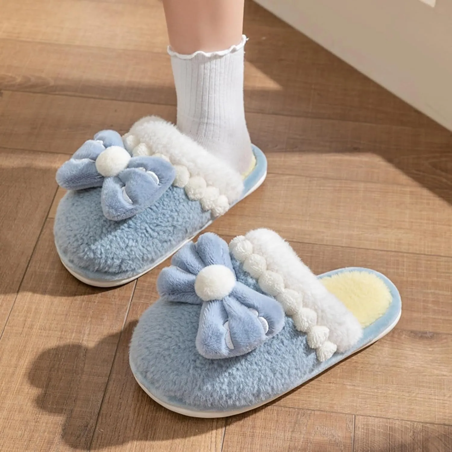 Women's Bow House Slippers Soft Fleece Plush Comfy Cotton Home Slippers with Bows Indoor Cute Bow Tie Slippers Cozy Slip On Slides Winter Warm Fuzzy Bedroom Slippers Shoes Non-Slip