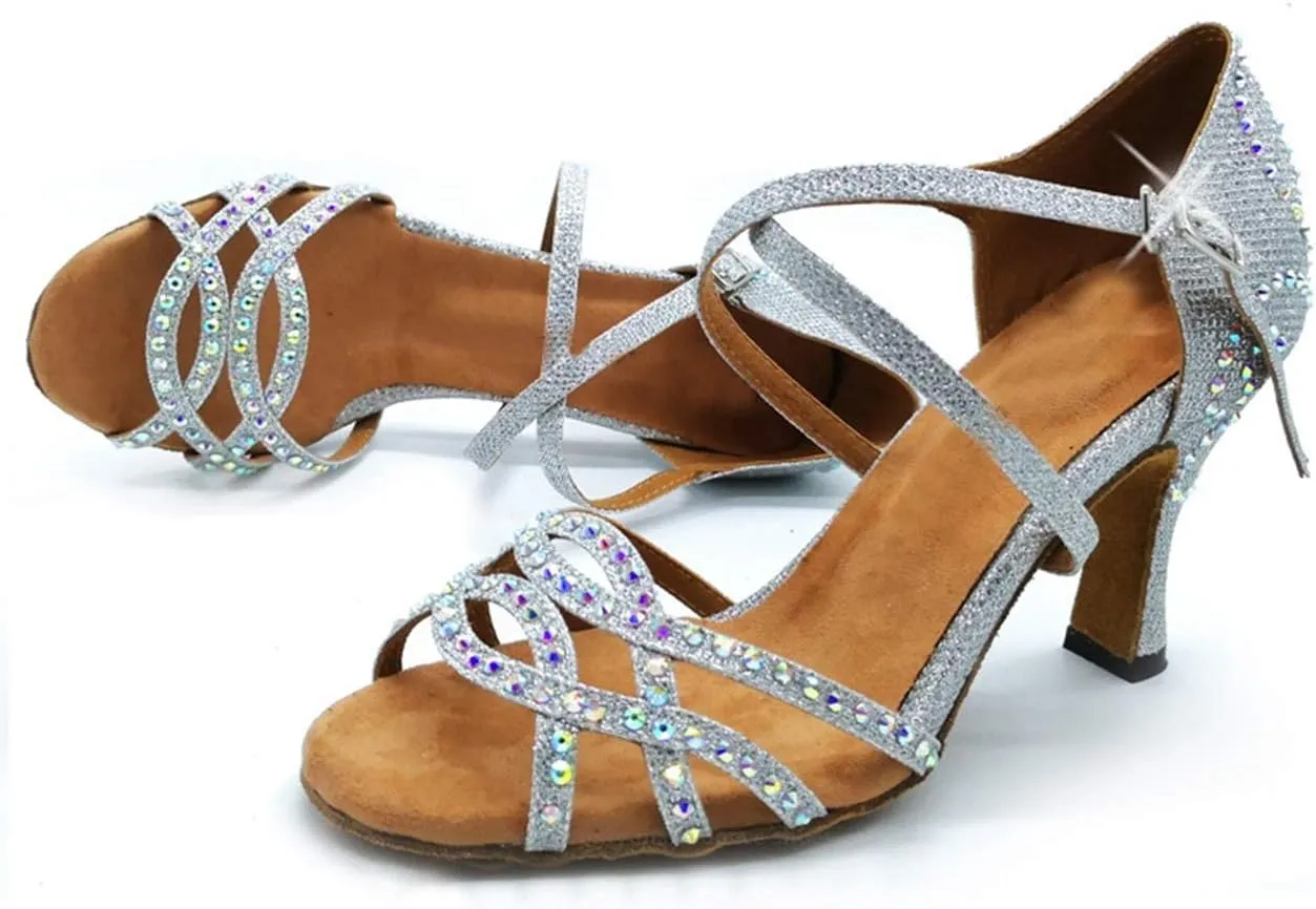 Womens Comfortable Ballroom Dance Shoes Rhinestones Pattern Wedding Sandals