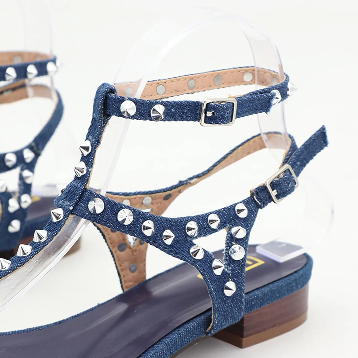Women's Denim Flip-Flops with Rivets Summer Bohemian Clip Toe Thong Sandals - Adjustable Casual Beach Sandals