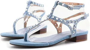 Women's Denim Flip-Flops with Rivets Summer Bohemian Clip Toe Thong Sandals - Adjustable Casual Beach Sandals