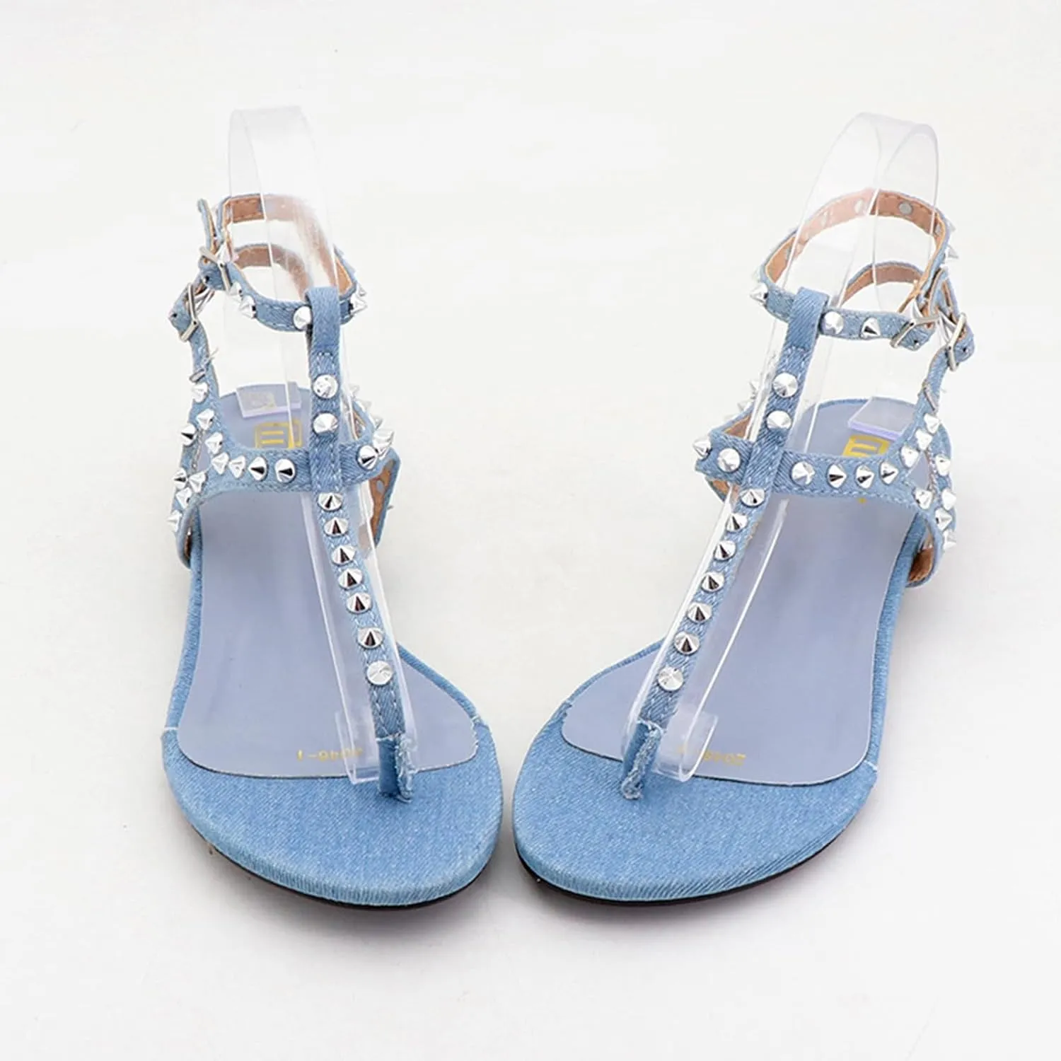 Women's Denim Flip-Flops with Rivets Summer Bohemian Clip Toe Thong Sandals - Adjustable Casual Beach Sandals