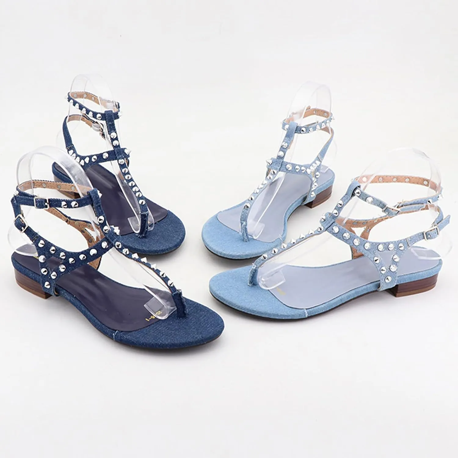 Women's Denim Flip-Flops with Rivets Summer Bohemian Clip Toe Thong Sandals - Adjustable Casual Beach Sandals