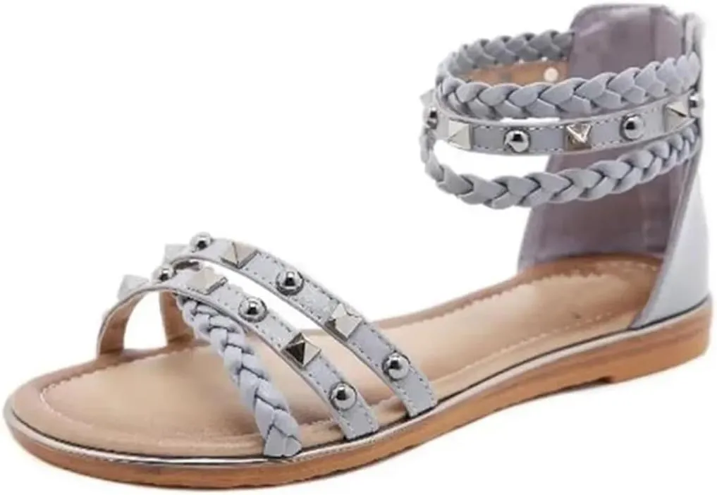 Womens Elastic Band Ankle Strap Flat Heel Open Side Vamp Ethnic Sandals PU Upper Rivet Woven Retro Roman Casual Summer Sandals