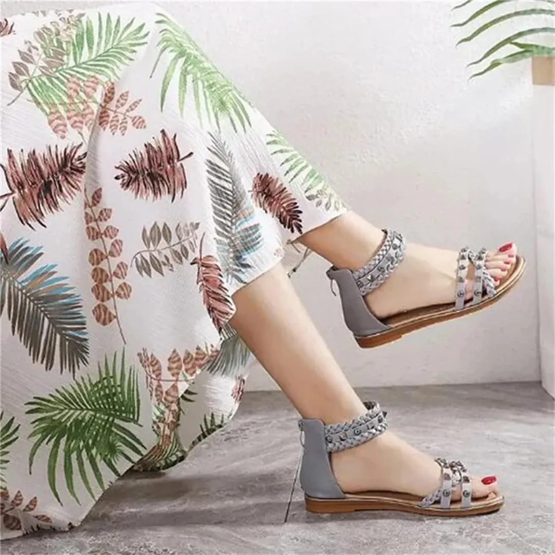 Womens Elastic Band Ankle Strap Flat Heel Open Side Vamp Ethnic Sandals PU Upper Rivet Woven Retro Roman Casual Summer Sandals