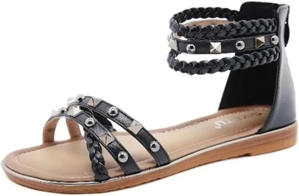 Womens Elastic Band Ankle Strap Flat Heel Open Side Vamp Ethnic Sandals PU Upper Rivet Woven Retro Roman Casual Summer Sandals