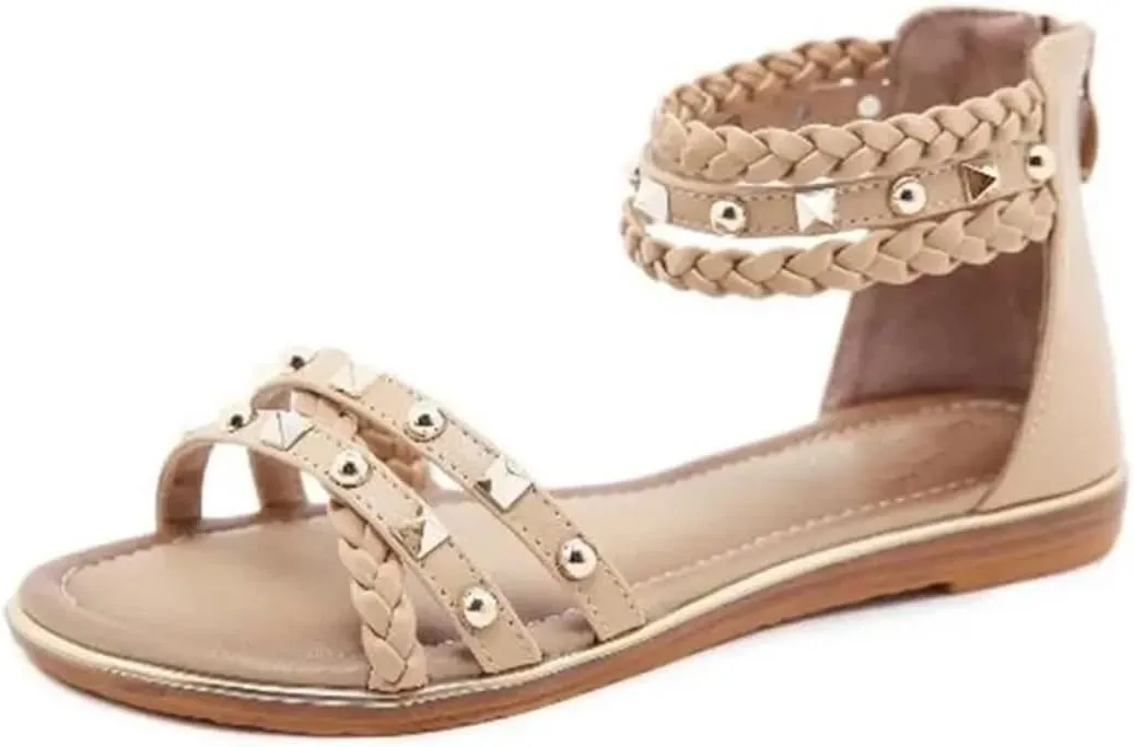 Womens Elastic Band Ankle Strap Flat Heel Open Side Vamp Ethnic Sandals PU Upper Rivet Woven Retro Roman Casual Summer Sandals