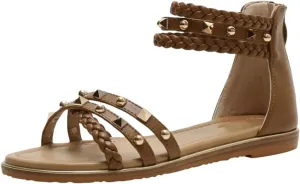 Womens Elastic Band Ankle Strap Flat Heel Open Side Vamp Ethnic Sandals PU Upper Rivet Woven Retro Roman Casual Summer Sandals