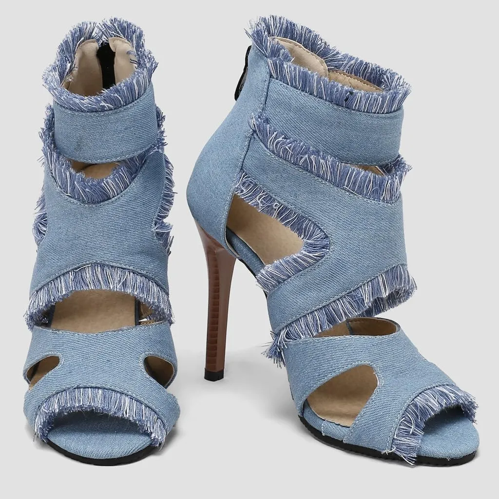 Women's Fashion Fringed Gladiator Heeled Sandals Peep Toe Stilettos High Heel Tassels Dressy Sandal