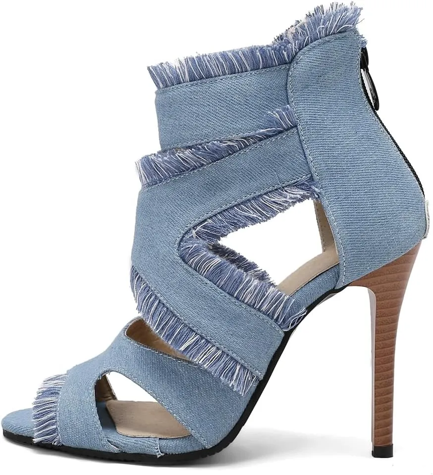 Women's Fashion Fringed Gladiator Heeled Sandals Peep Toe Stilettos High Heel Tassels Dressy Sandal