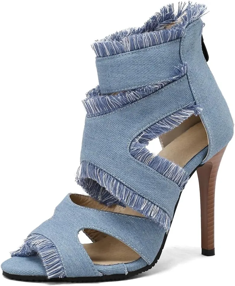 Women's Fashion Fringed Gladiator Heeled Sandals Peep Toe Stilettos High Heel Tassels Dressy Sandal