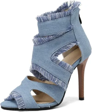 Women's Fashion Fringed Gladiator Heeled Sandals Peep Toe Stilettos High Heel Tassels Dressy Sandal