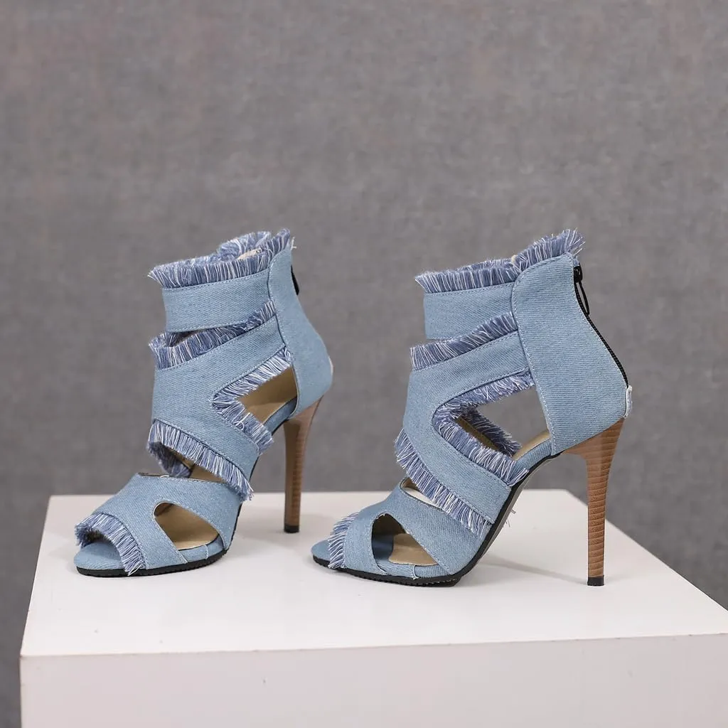 Women's Fashion Fringed Gladiator Heeled Sandals Peep Toe Stilettos High Heel Tassels Dressy Sandal