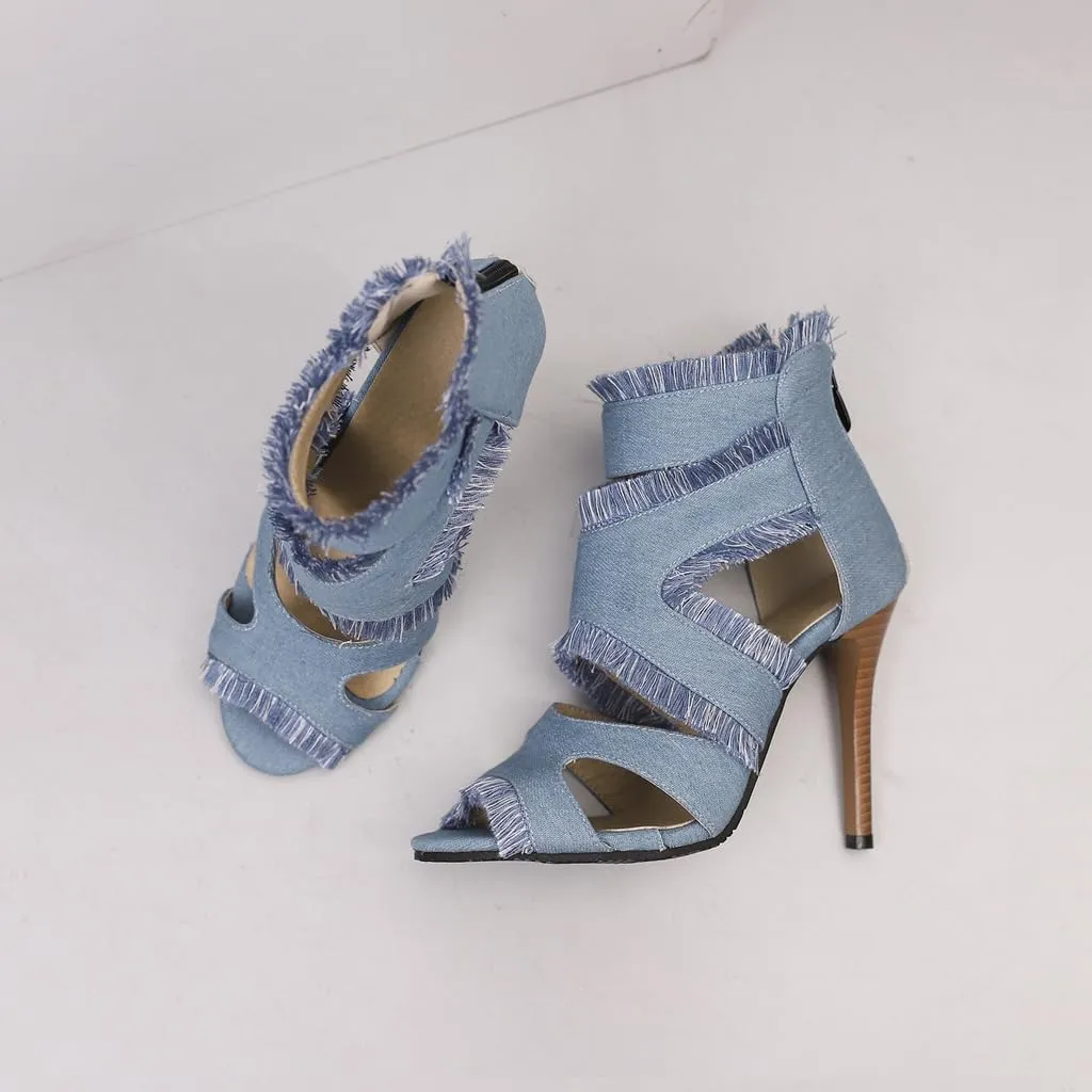 Women's Fashion Fringed Gladiator Heeled Sandals Peep Toe Stilettos High Heel Tassels Dressy Sandal