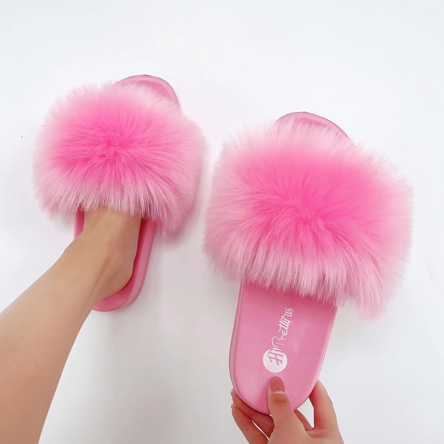 Women's Faux Fur Slides, Open Toe Cute Fur Slippers, Indoor or Outdoor Comfortable Furry Slide Sandals With Fluffy Fur