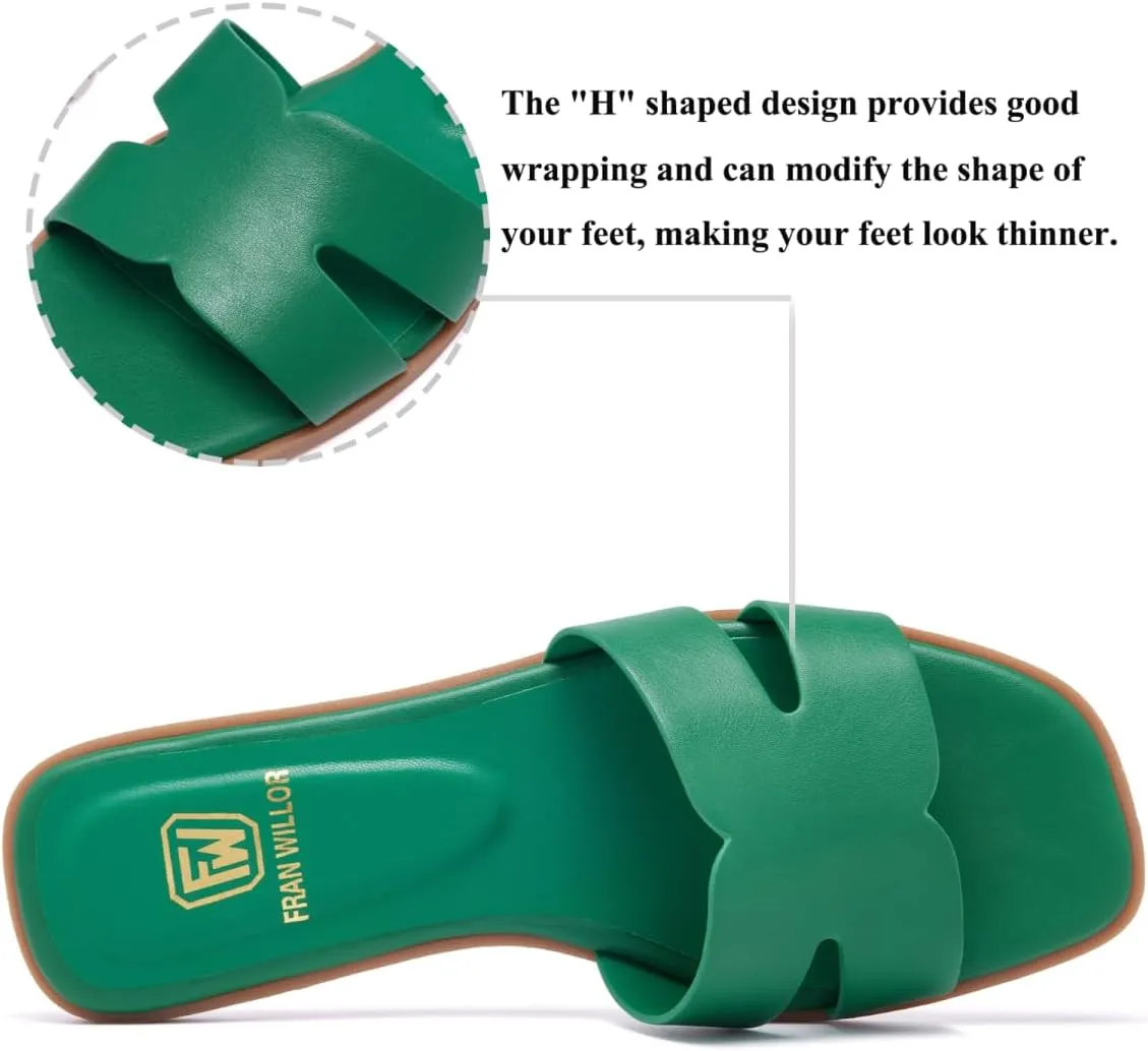 Women's Flat Sandals Dressy Comfortable Slide Sandals Fashion Square Open Toe Slip On Beach Sandals for Summer