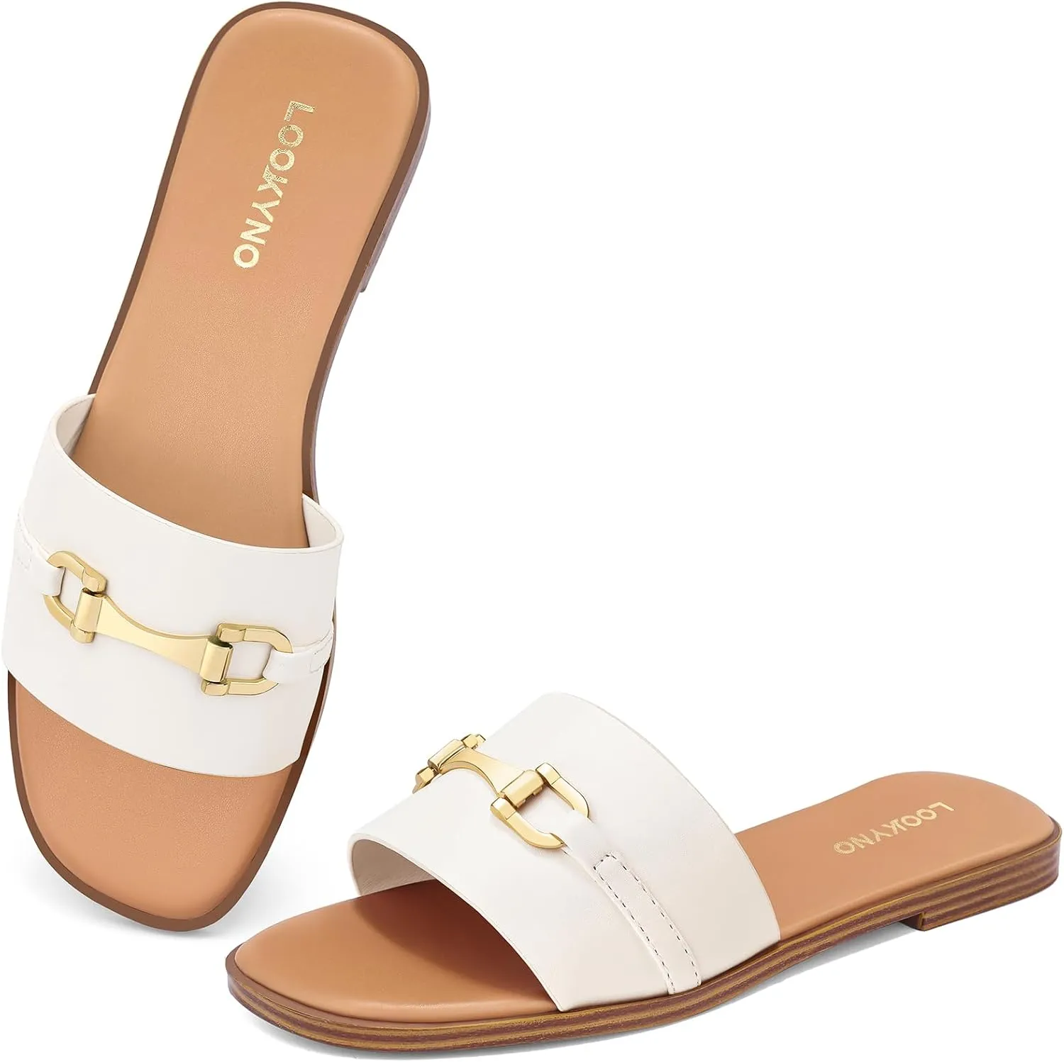 Womens Flat Sandals Dressy Square Open Toe Summer Slides Sandals Slip on Comfortable Leather Sandals for Women