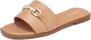Womens Flat Sandals Dressy Square Open Toe Summer Slides Sandals Slip on Comfortable Leather Sandals for Women