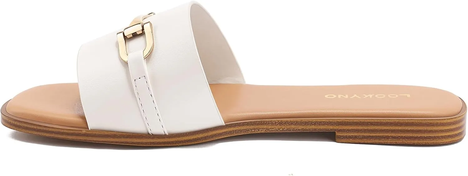 Womens Flat Sandals Dressy Square Open Toe Summer Slides Sandals Slip on Comfortable Leather Sandals for Women