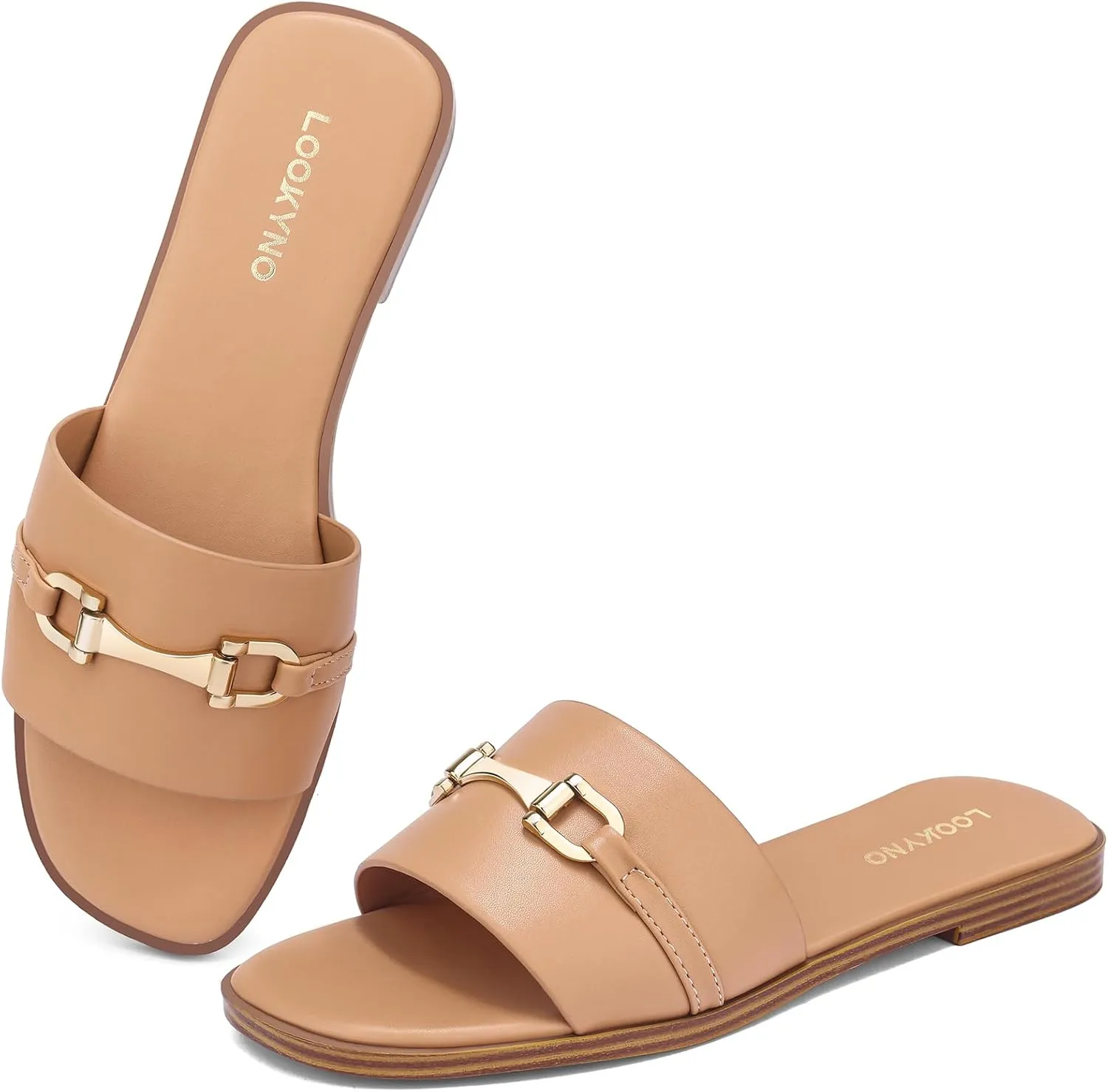Womens Flat Sandals Dressy Square Open Toe Summer Slides Sandals Slip on Comfortable Leather Sandals for Women